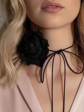 Black Floral Adjustable Necklace with Rose Accent. New.